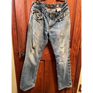 Ariat M4 Lowrise Bootcut Jeans Distressed Denim USA Fabric Mens Size 35x36